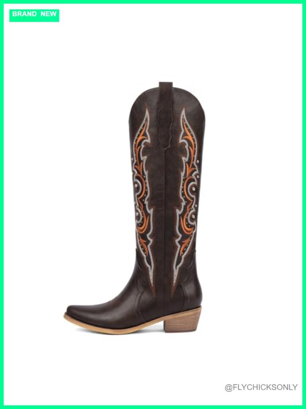 Knee High Cowboy Boots Women Faux Leather Western Boots Embroidered Rhinestone